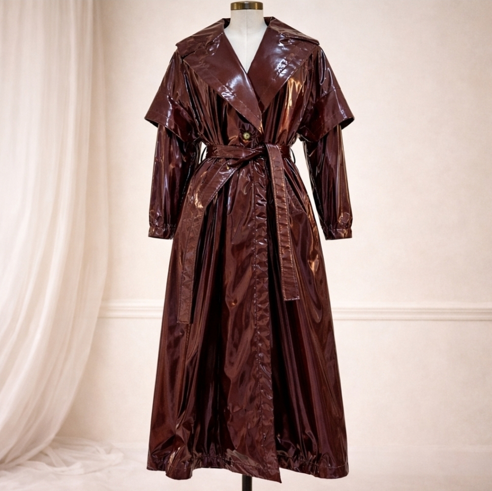 Palmer Harding Burgundy Patent Leather Look Trench Belted Statement Coat NWT - Picture 4 of 8